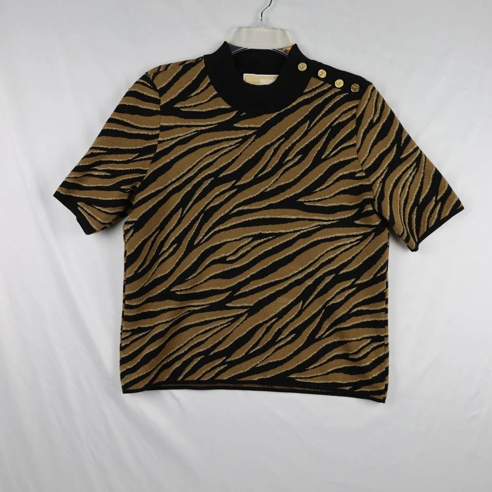 Michael Kors Sweater Womens Large Black‎ Gold Animal Print Short Sleeve Knit Top